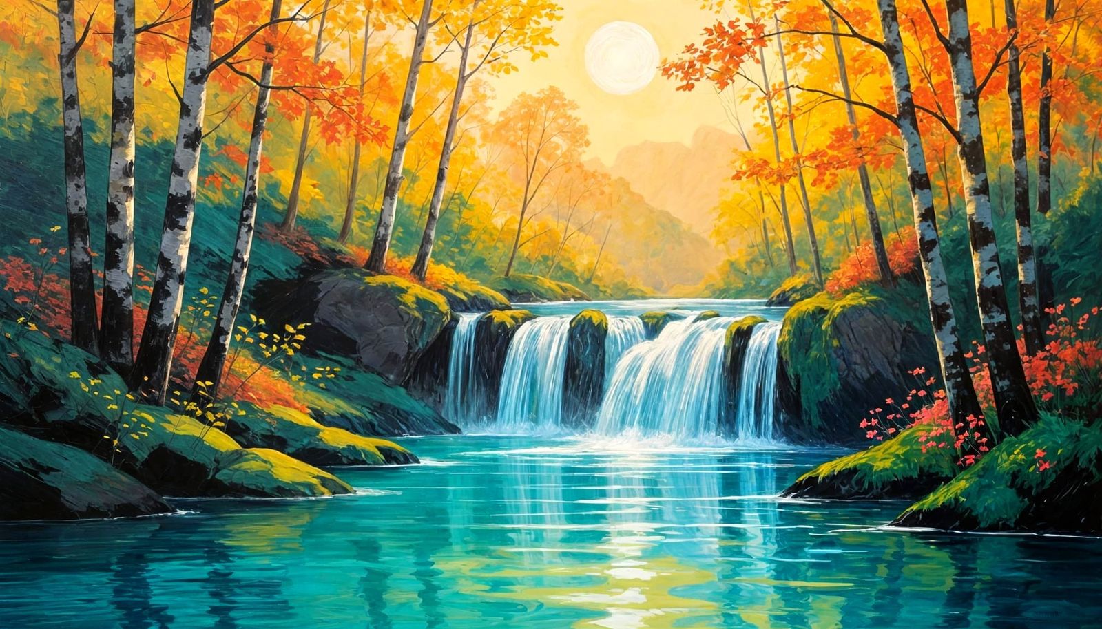 Expressive Valley Landscape with Cascading Waterfall