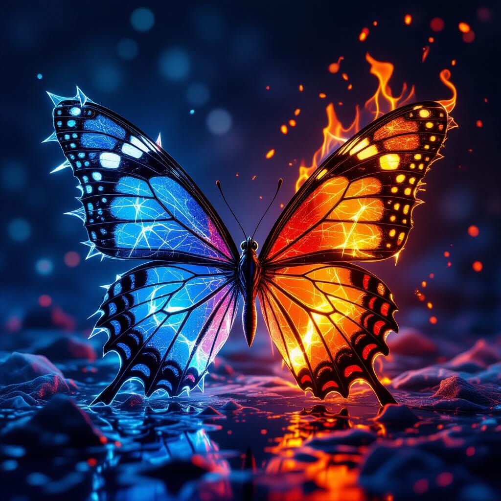 Surreal Butterfly: Ice Wing Meets Molten Lava