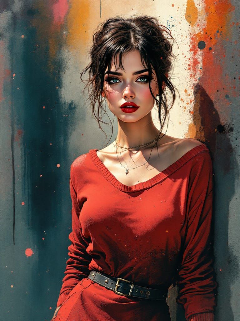 Pin-Up Woman in Crimson Dress, Surreal Watercolor Style