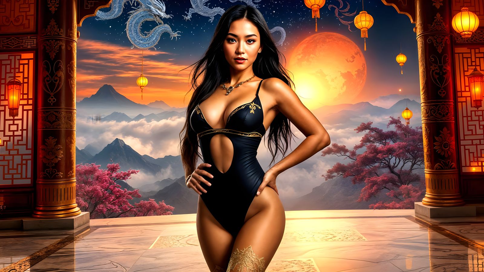 Asian Warrior Goddess in Elegant Black Bikini