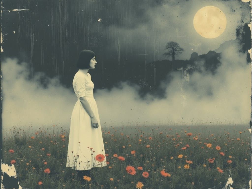 Dreamlike Woman in Field of Unraveling Time