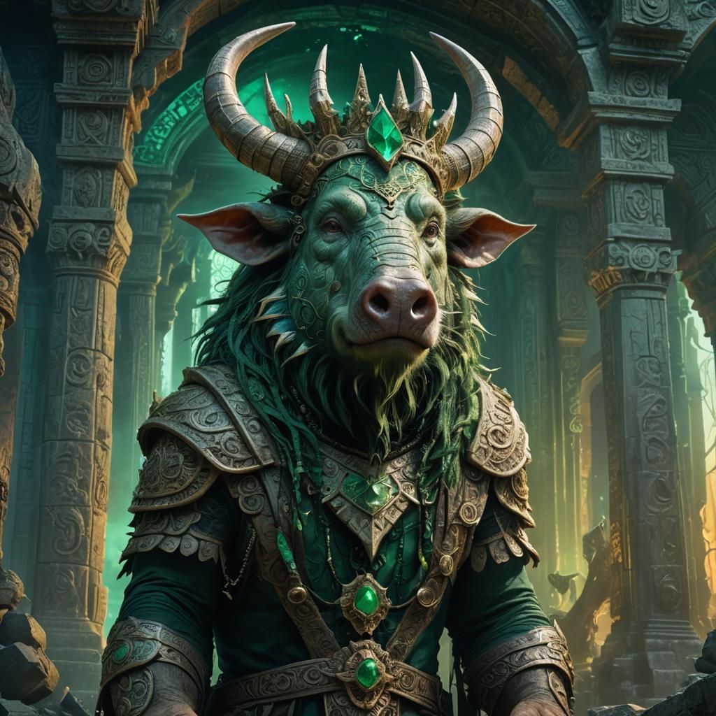 Mystical Manpig in Ruined Temple: Fantasy Concept Art