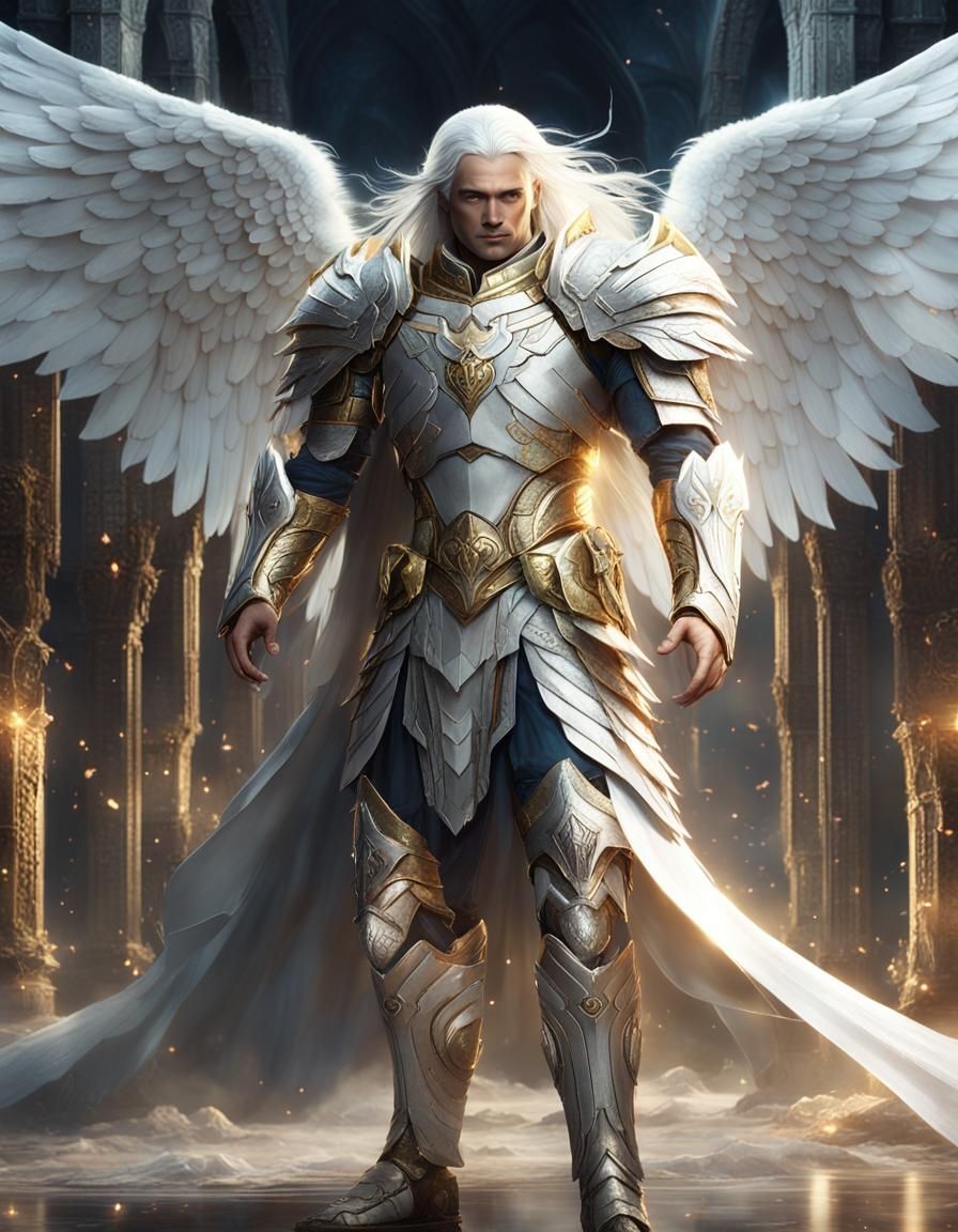 Aasimar Paladin with White Hair and Wings