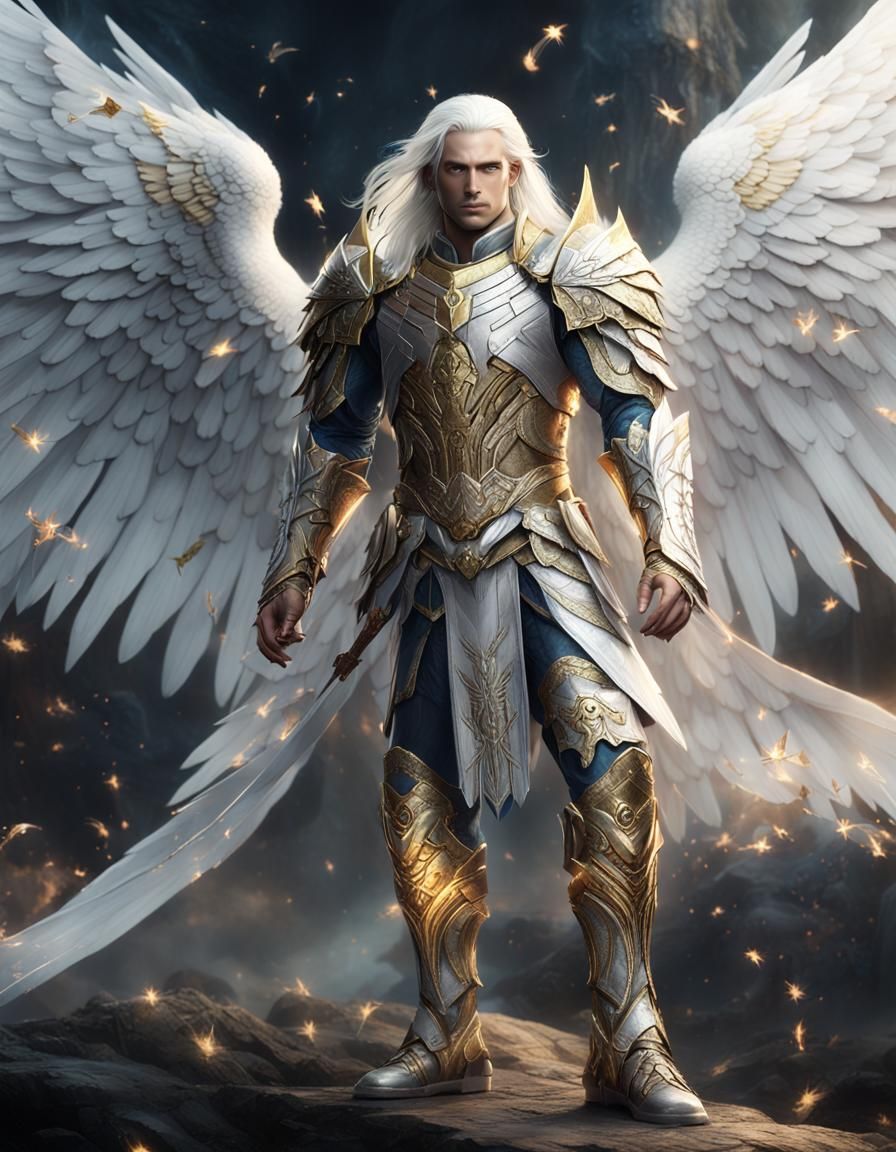 Aasimar Paladin in Golden Armor, Digital Art