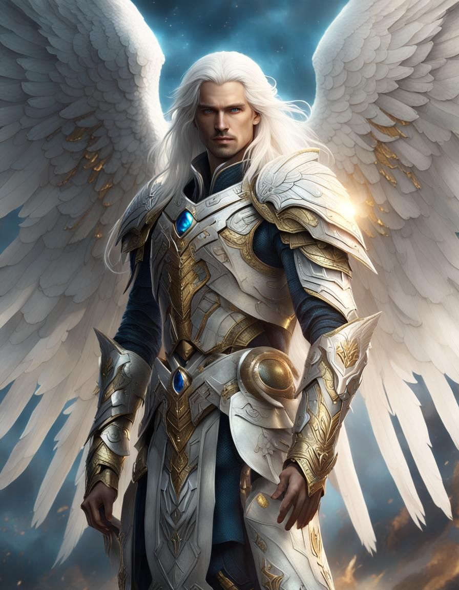 Aasimar Paladin with White Wings in Golden Armor