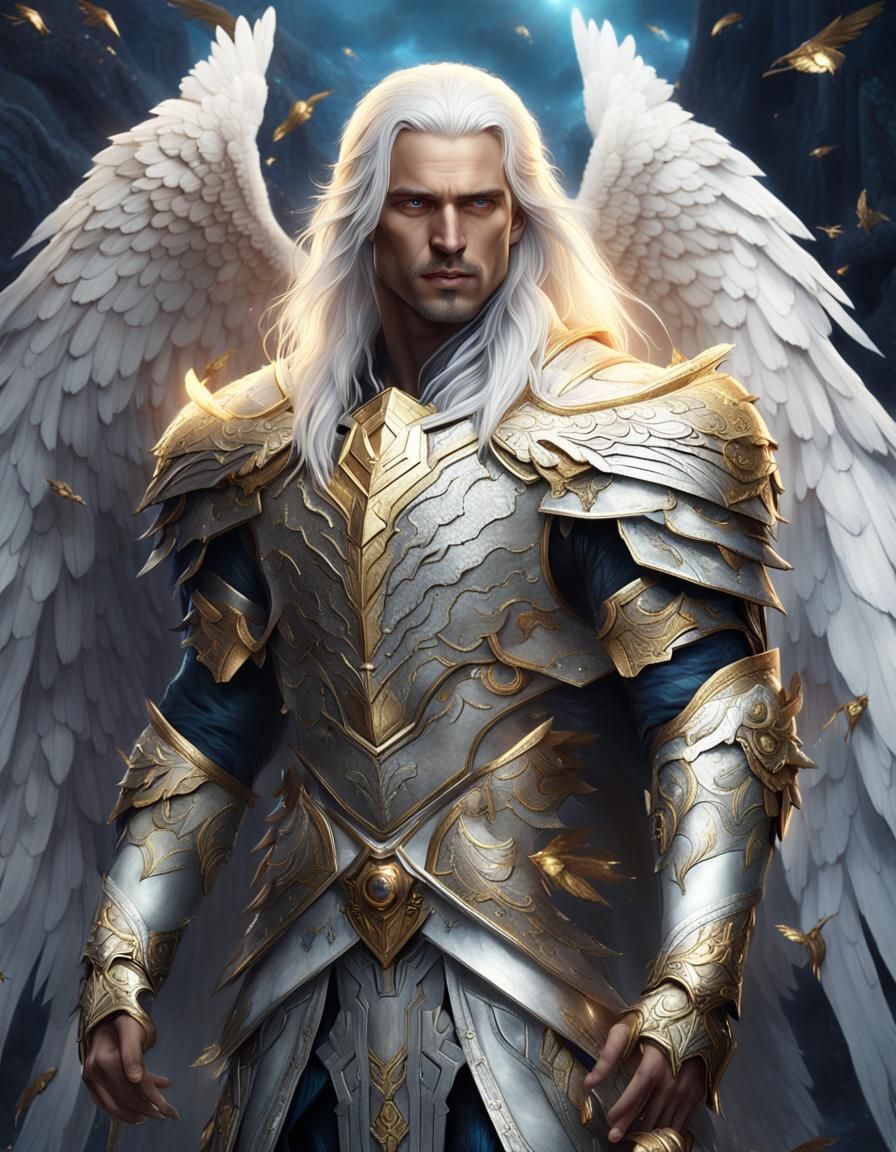 Young Aasimar Paladin with White Wings in Golden Armor
