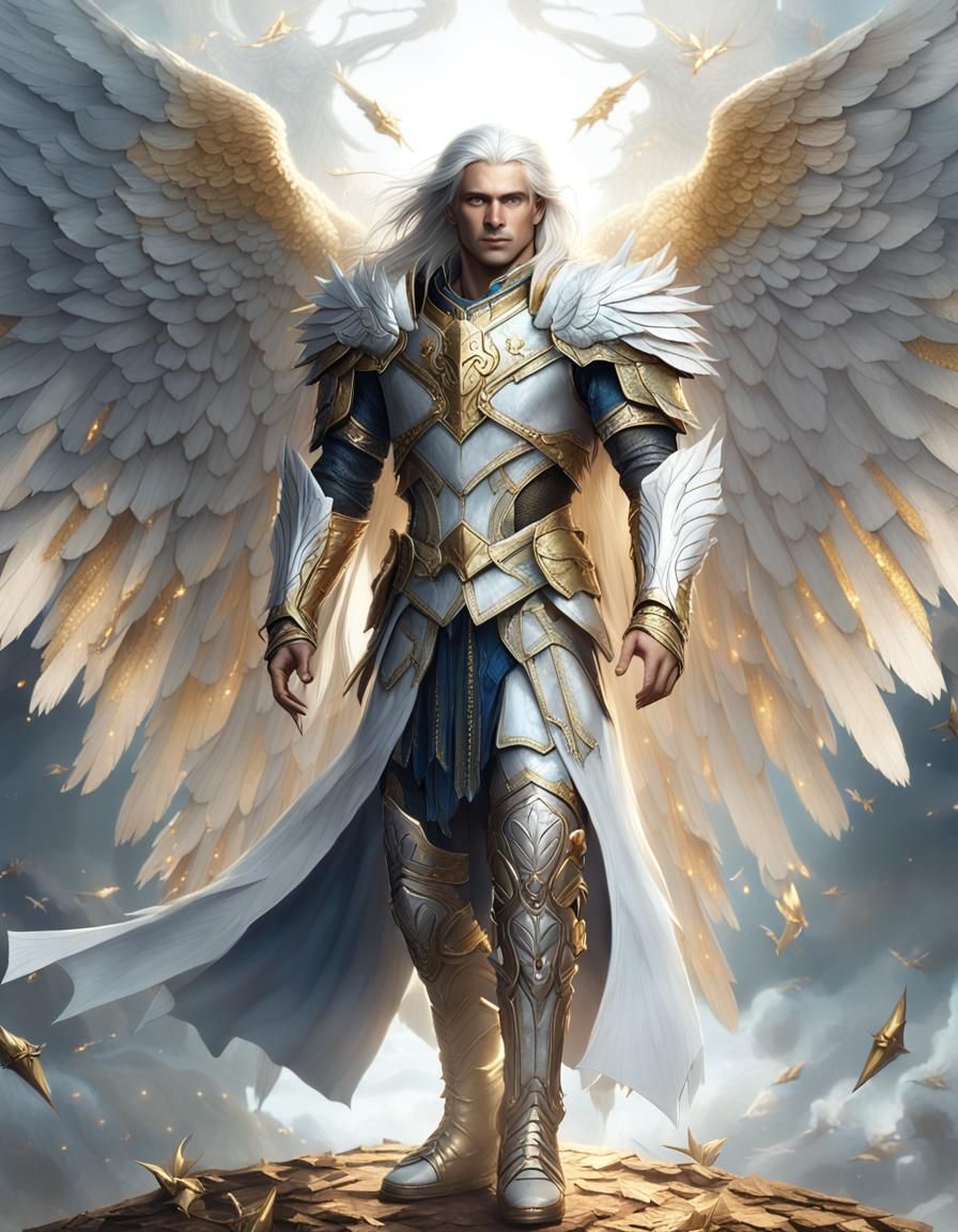 Aasimar Paladin with White Hair and Wings