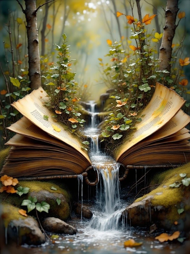 Open Book in Forest with Flowing Water Stream
