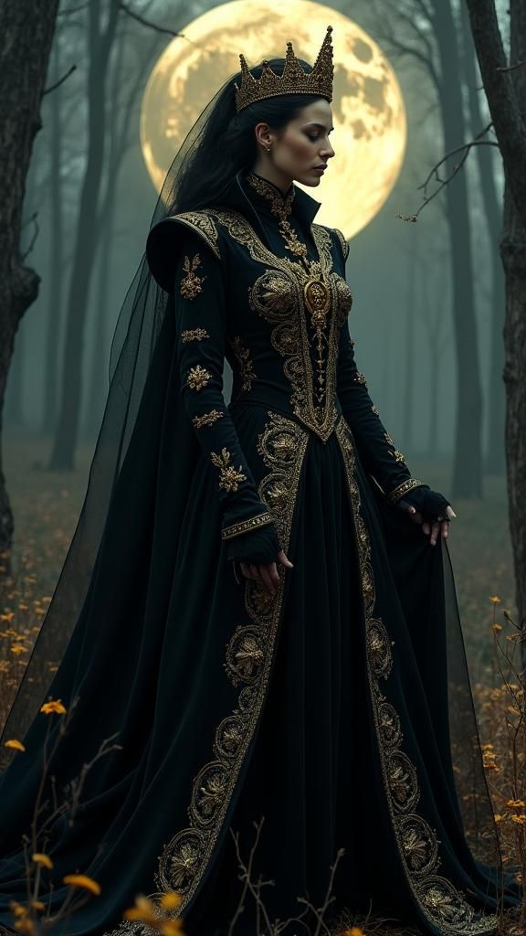 Mystical Queen in Moonlit Landscape as Oil Painting