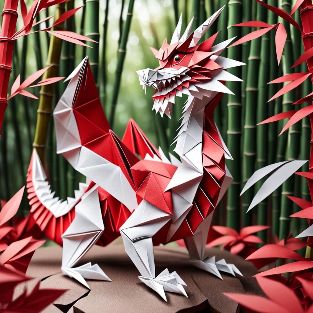 Metallic Origami Dragon in Bamboo Forest