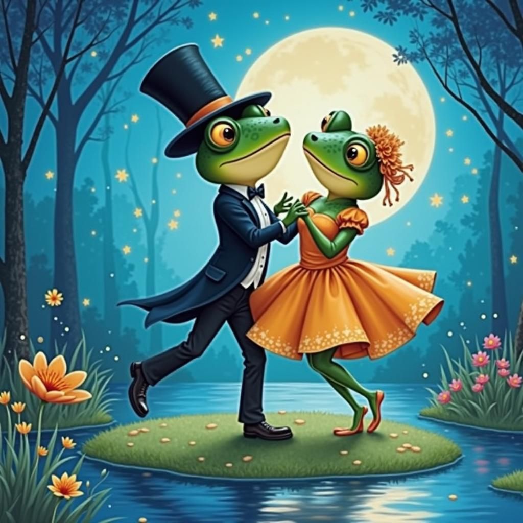 Frogs Dancing in Moonlit Forest, Children's Book Illustratio...