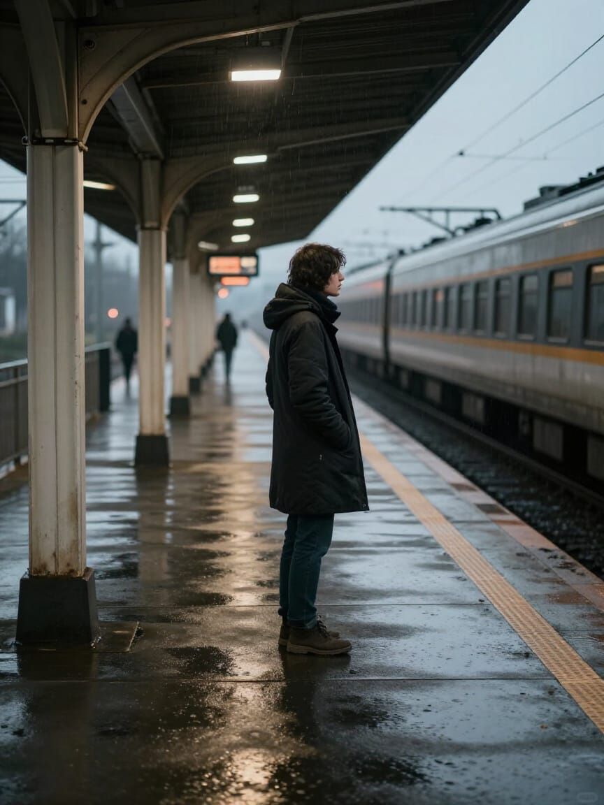 Solitary Figure on Rainy Train Platform