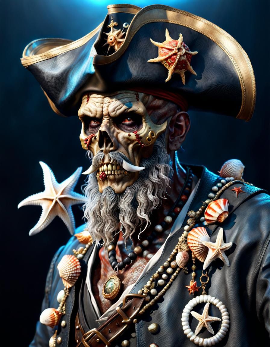 Zombie Pirate Encrusted with Seashells, Photorealistic Art