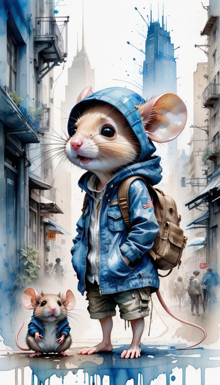 Chibi Mice Visit Big City in Watercolour