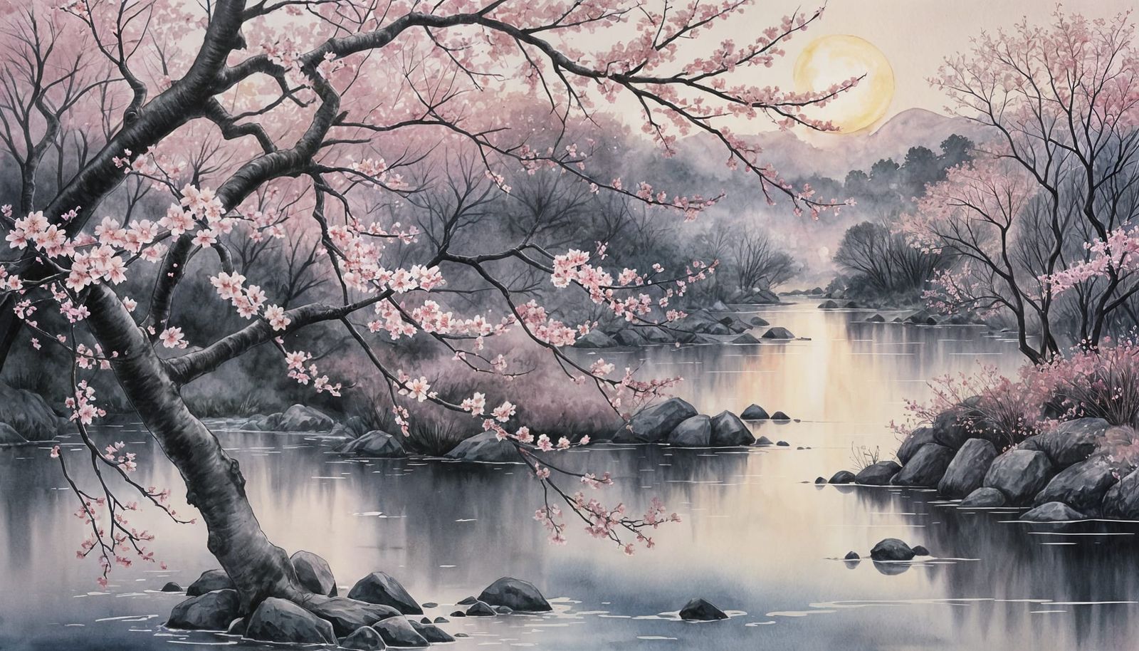 Watercolor Cherry Blossoms on Dark Wall Scroll