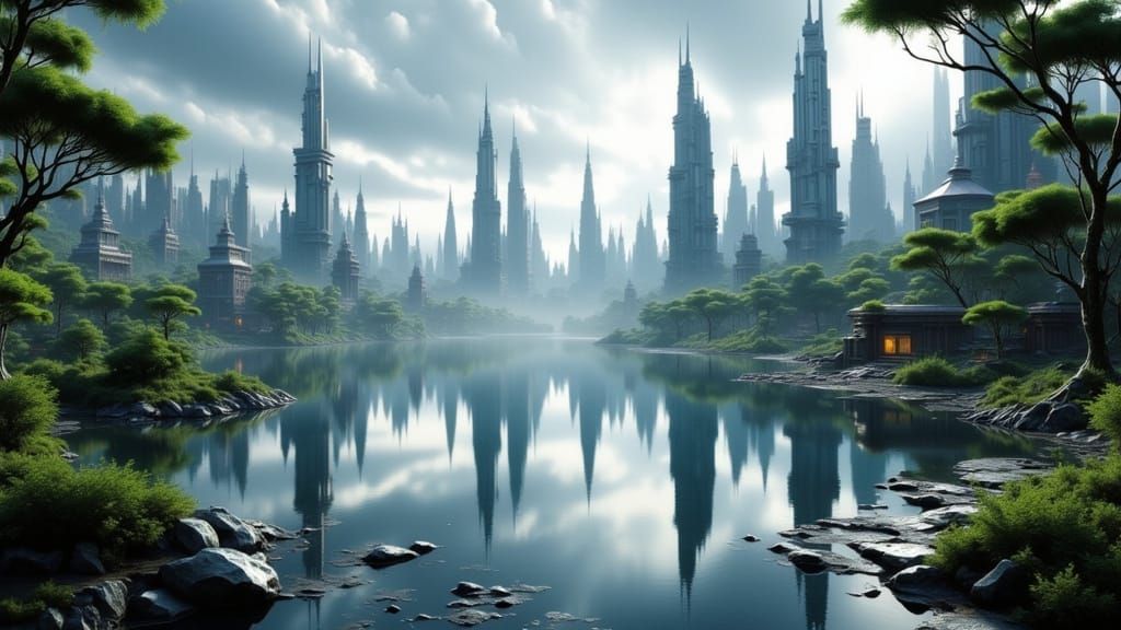 Futuristic City Mirrored in Exoplanet Lake