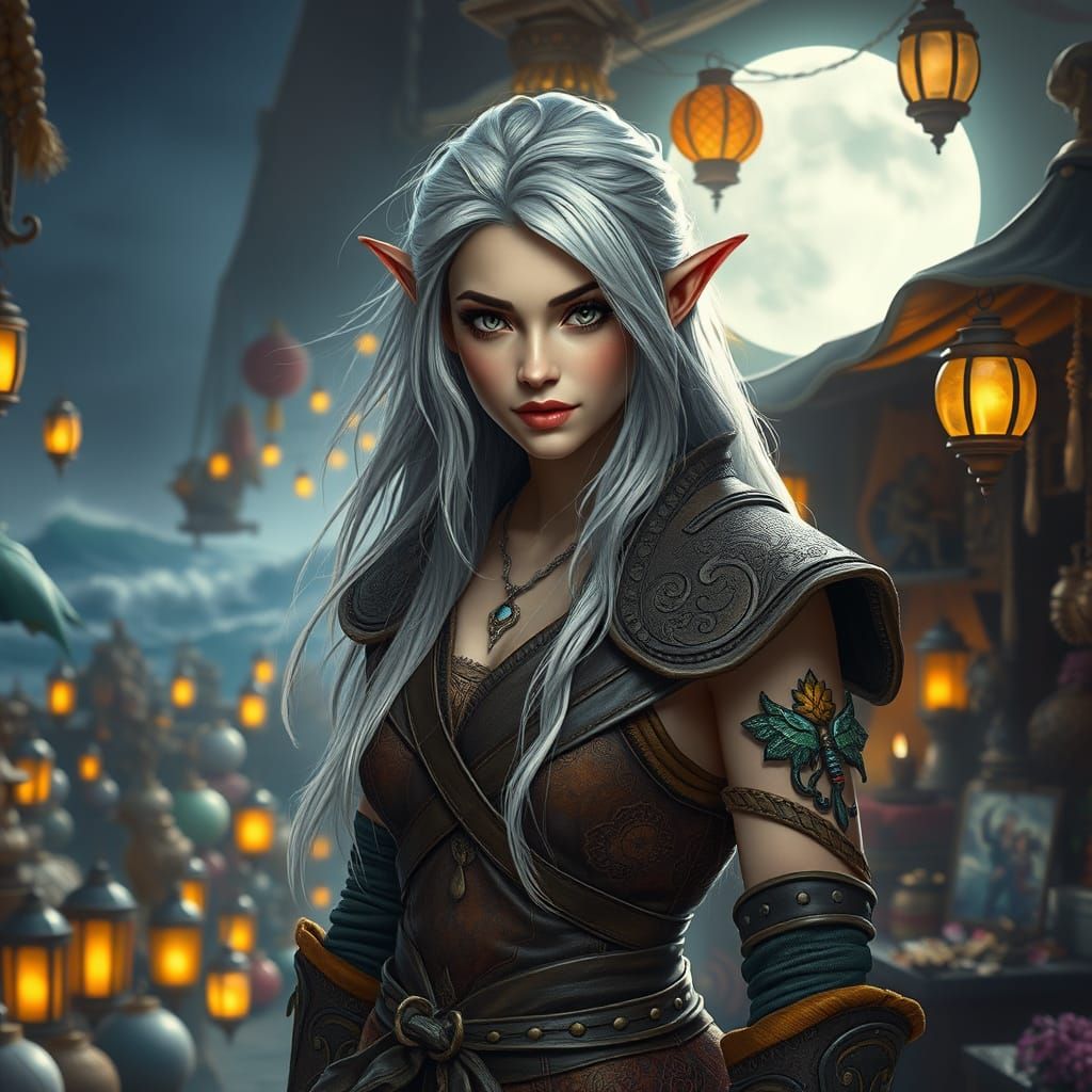 Moonlit Elf Amidst Coastal Fantasy Market at Night