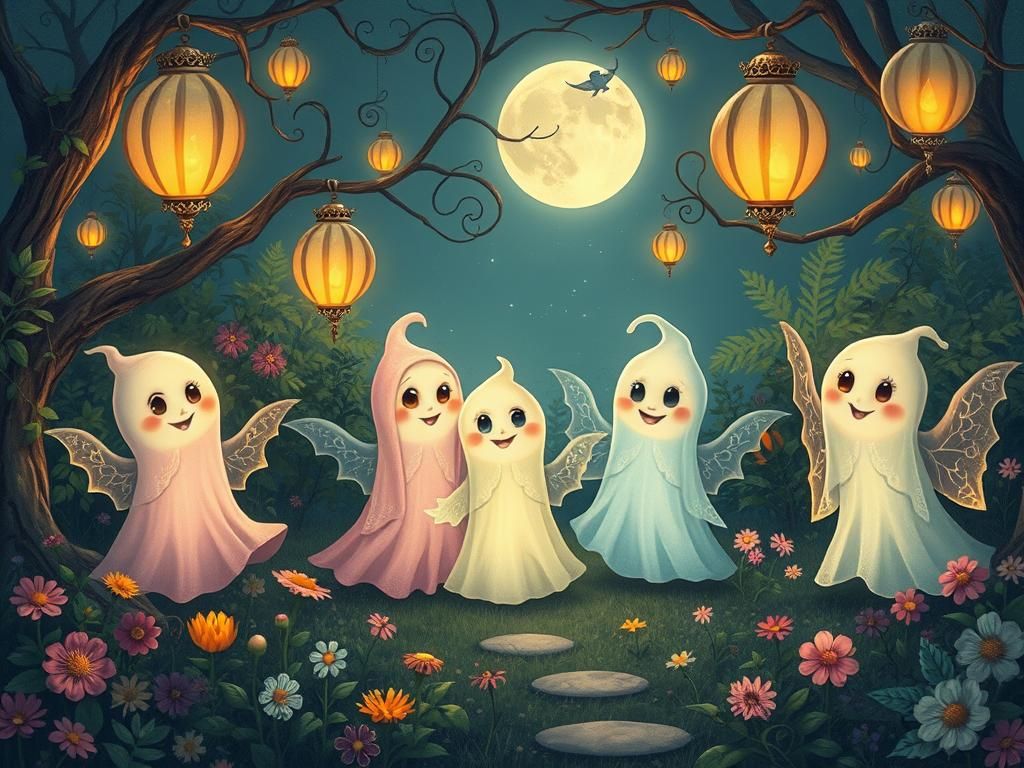 Ghosts' Moonlit Garden Party in Whimsical Style