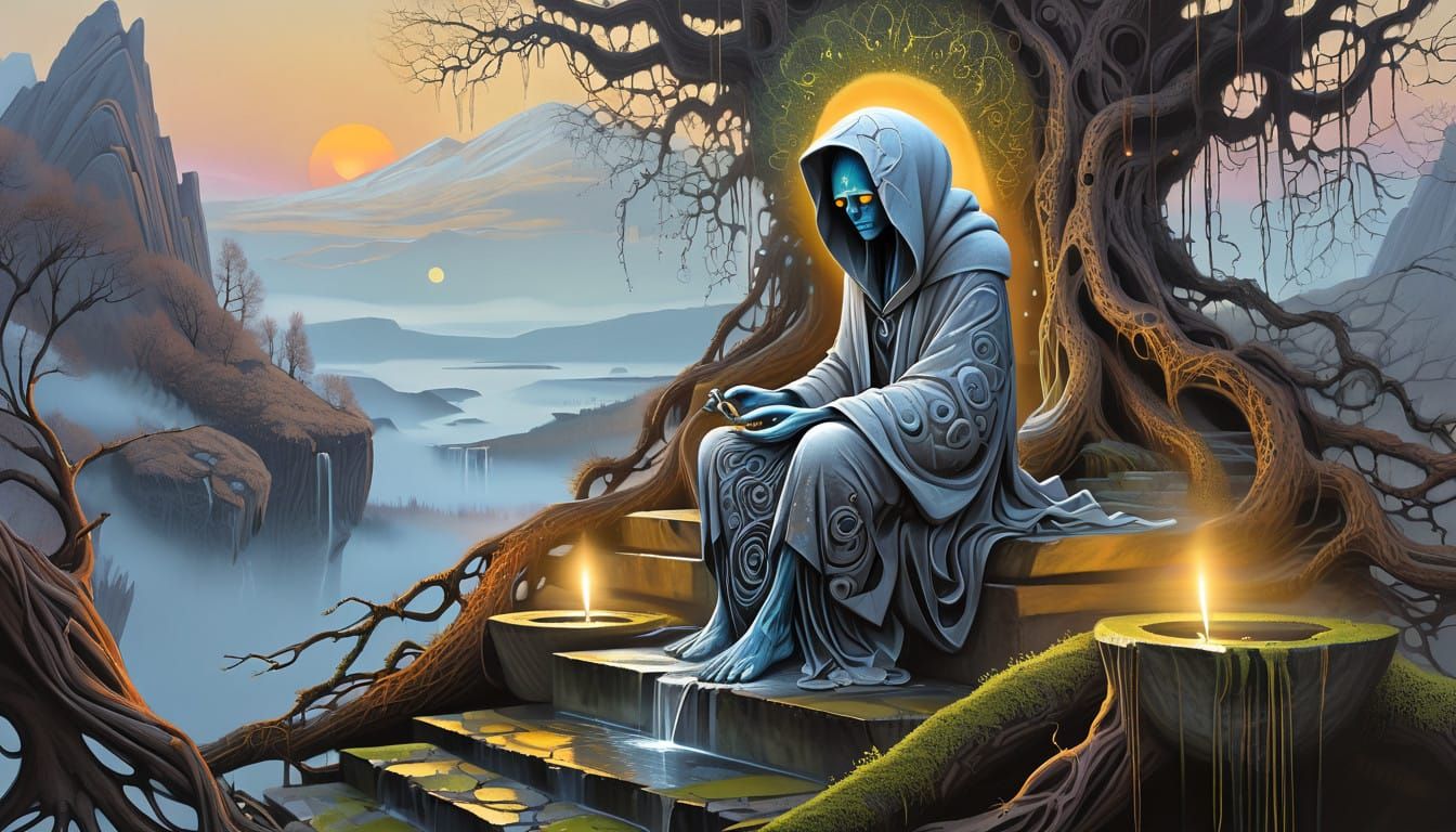 Mystical Figure in Dreamlike Landscape