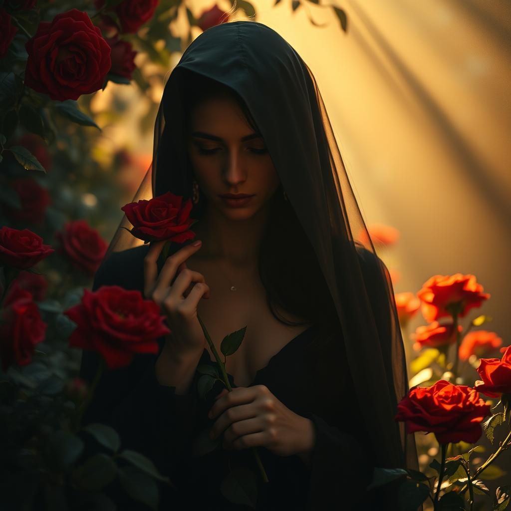 Romantic Woman with Roses in Art Nouveau Style