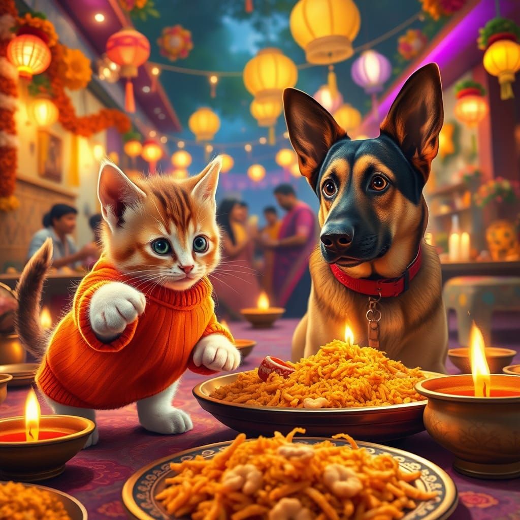 Playful Kitten and Dog Stealing Briyani at Deepavali