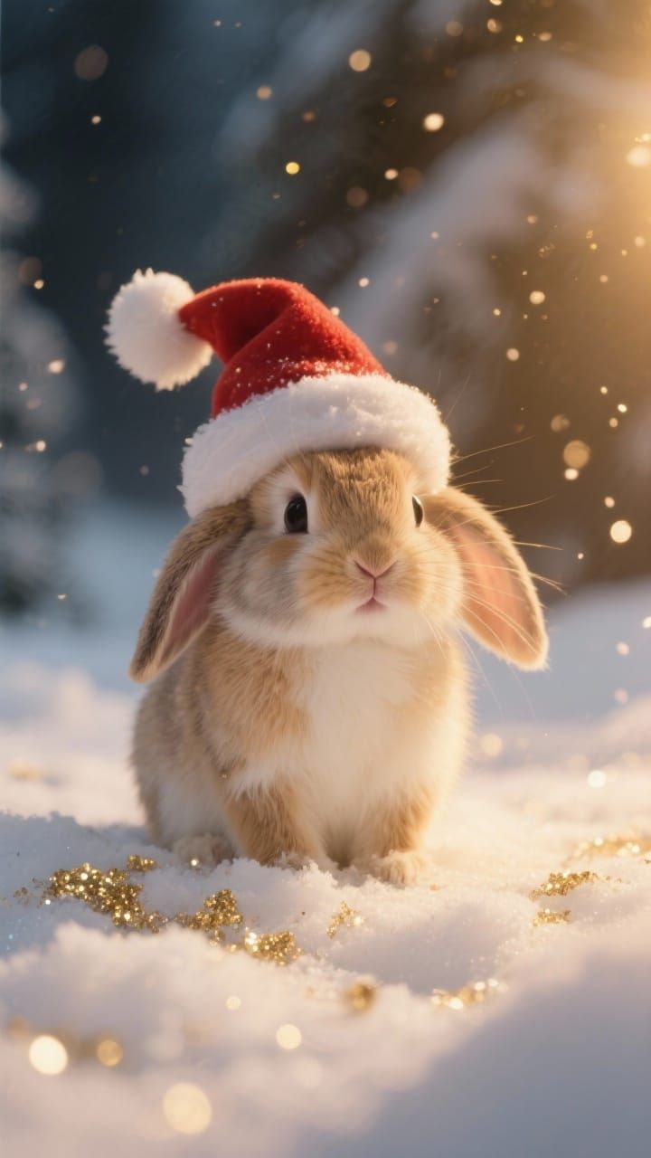 Cute Baby Bunny in Snow with Warm Glowing Light