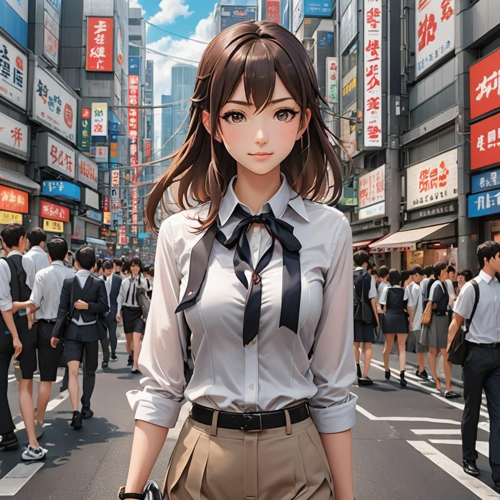 Excited Anime Girl in Akihabara, 3D Render
