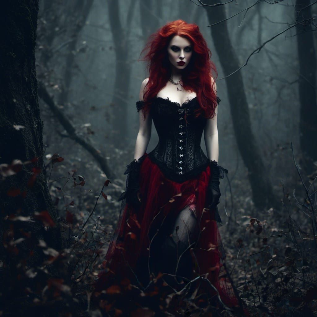 Gothic Vampire in Foggy Forest, Hyperrealistic Portrait