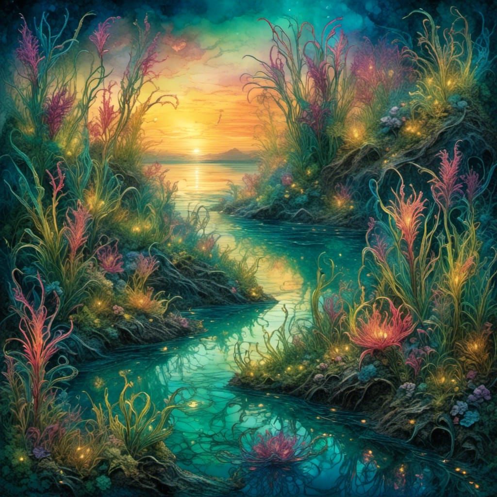 Otherworldly surreal estuary : unreal strange plant life : <...