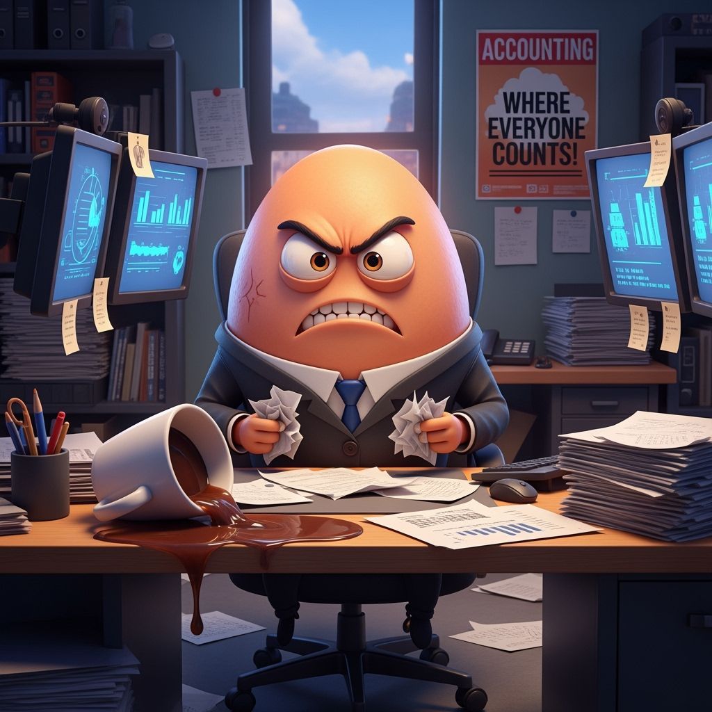 Furious Egg Accountant in Pixar-Style 3D Office