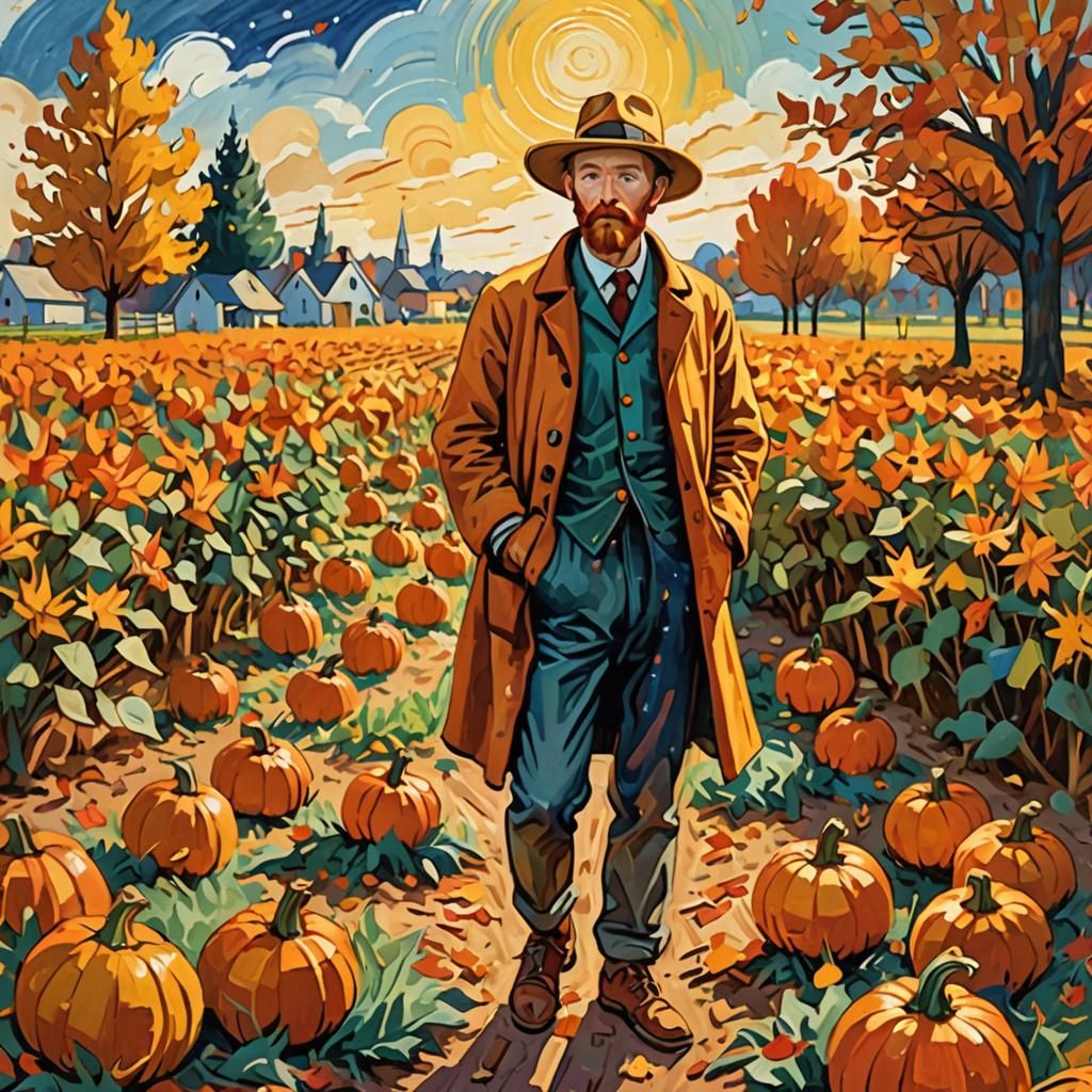 Autumnal Pumpkin Patch Scene in Impressionist Style