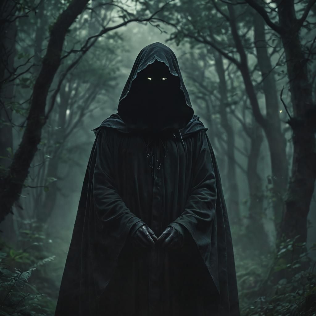 Ominous Wraith Points in Stormy Forest: Dark Fantasy