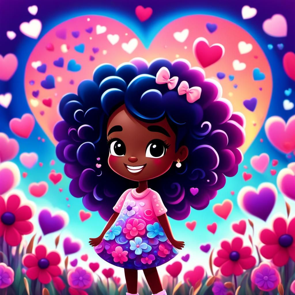 Joyful Chibi Girl in Heart Flower Field