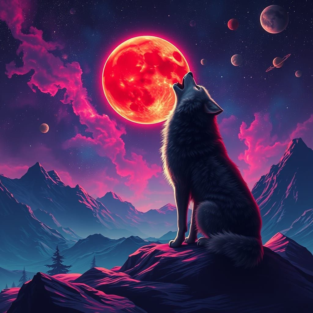 Wolf Howling at Blood Moon in Galaxy, Digital Painting