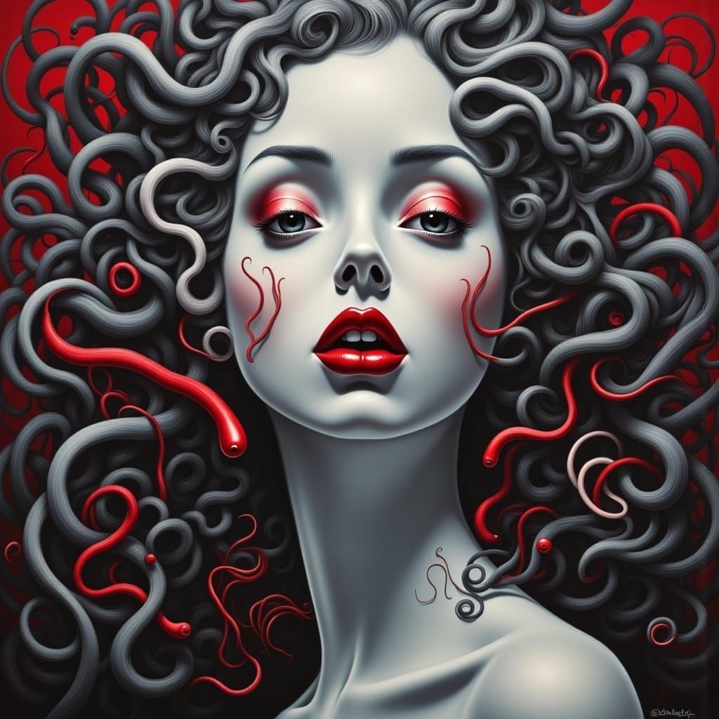 Surreal Woman with Worm Hair in Monochromatic Art