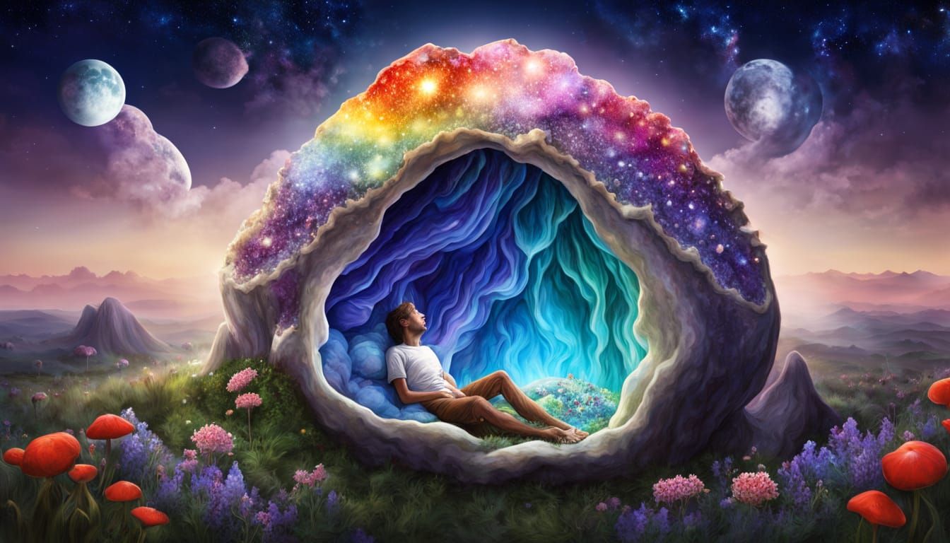 Person Asleep Inside Crystalline Geode, Surreal Illustration