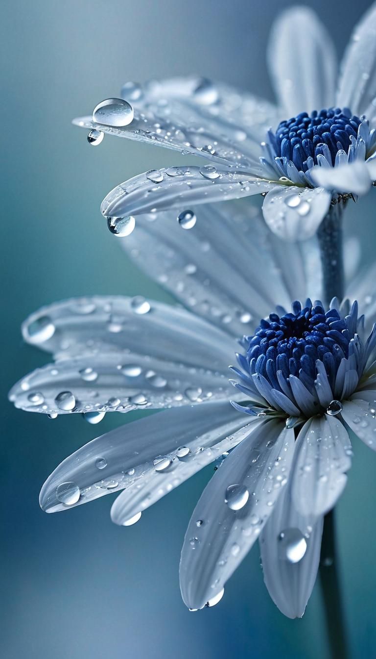 Blue Daisy Macro Photograph with Water Droplets