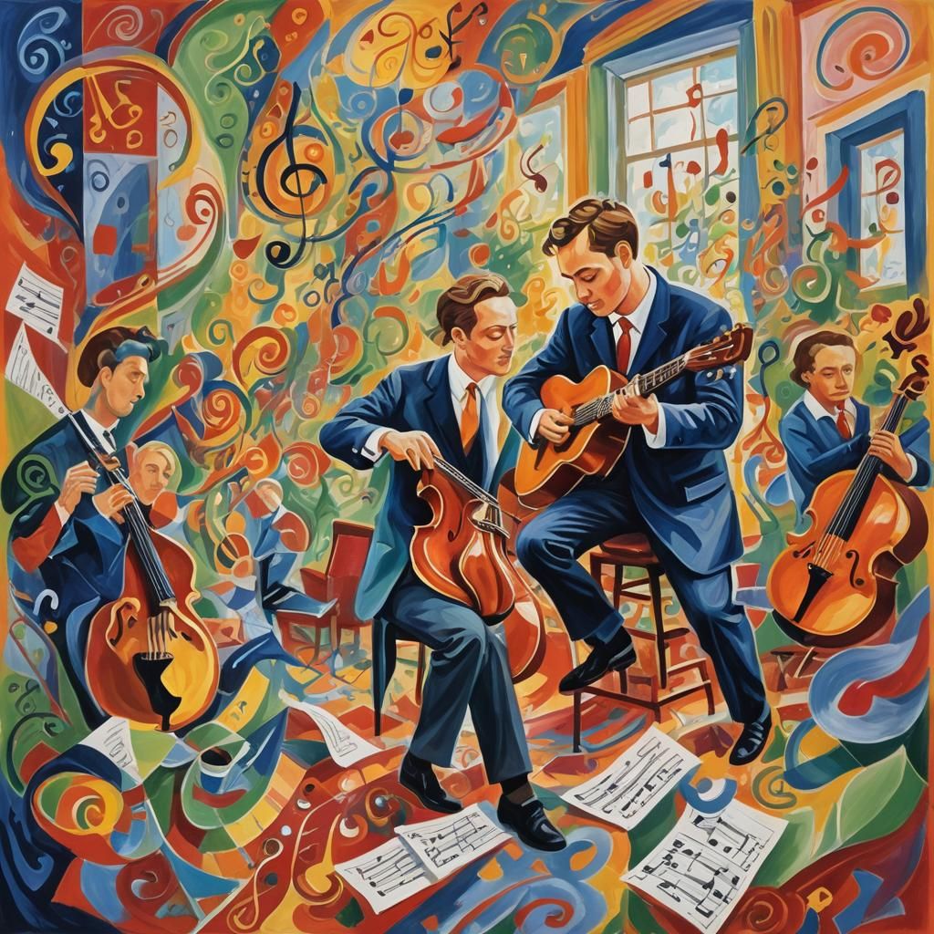 Musician's Gouache Painting with Swirling Notes