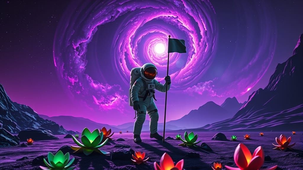 Astronaut Plants Flag on Alien World