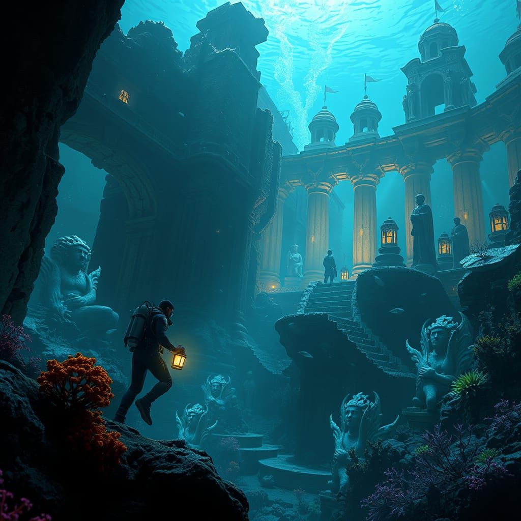 Diver in Bioluminescent Sunken City: Matte Painting