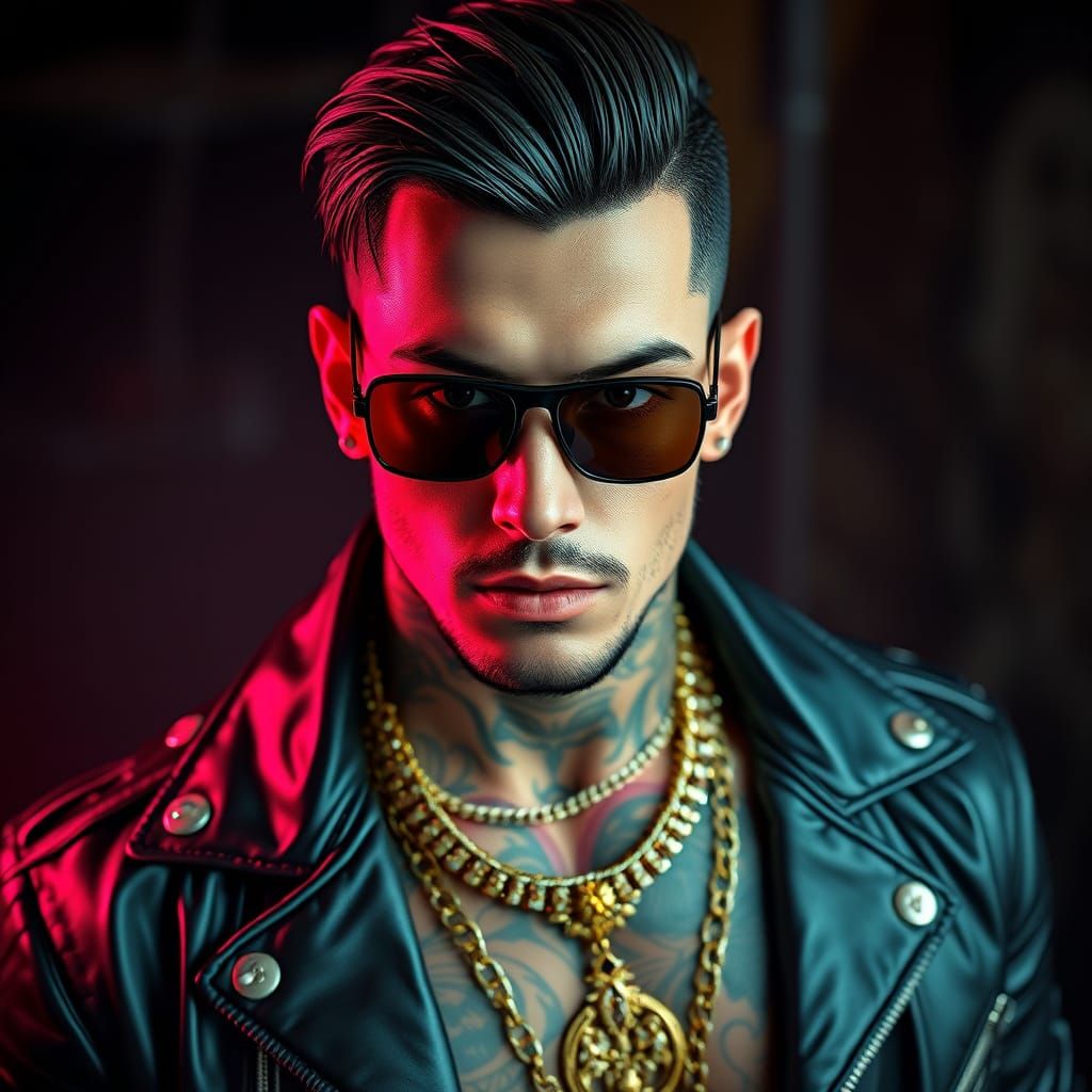 Elegant, High-End Portrait of a Handsome Man in Leather Jack...