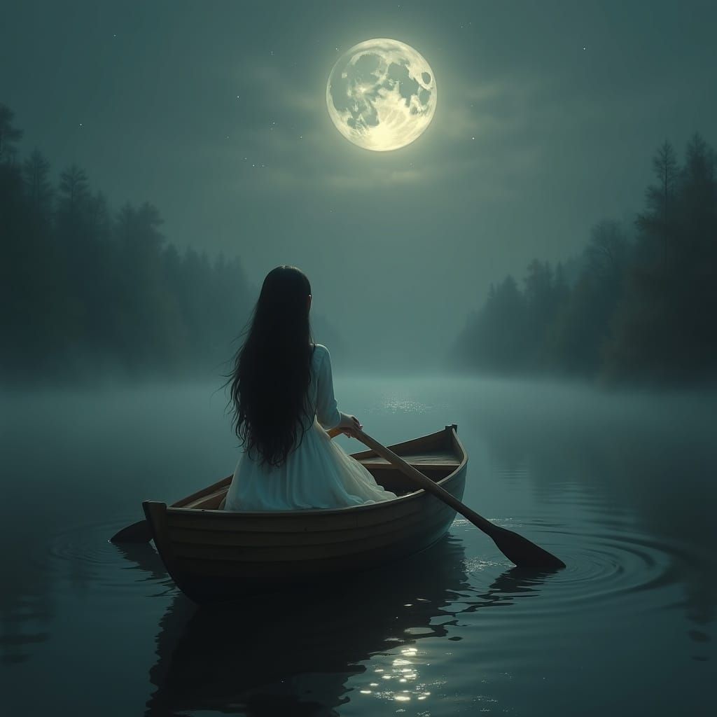 Ethereal Woman Rows Boat on Misty Moonlit Lake
