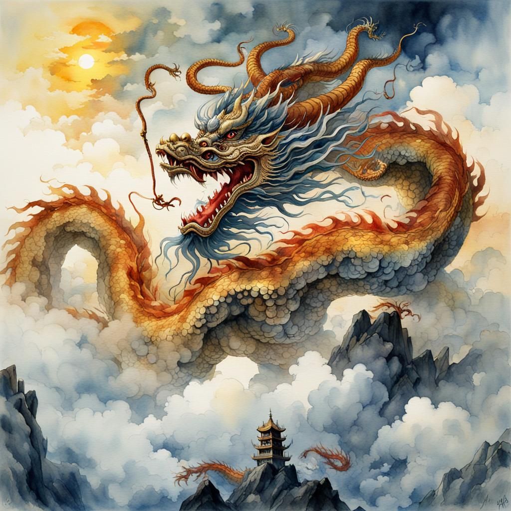 Chinese Dragon Watercolor Fantasy Art
