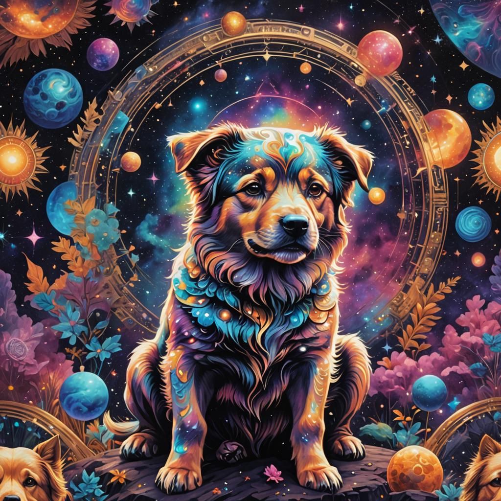 Holographic Cosmic Dog Illustration in Mixed Media
