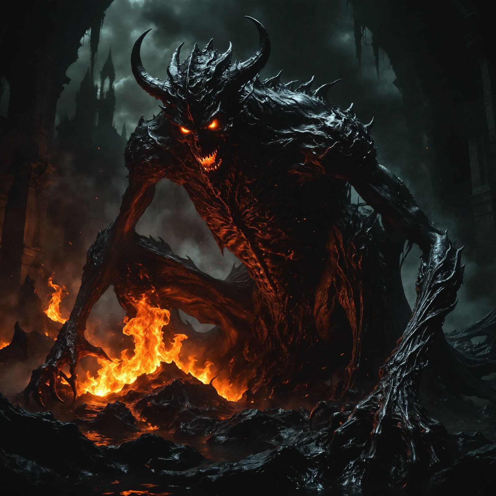 Towering Demon Melting in Dark Fantasy Style