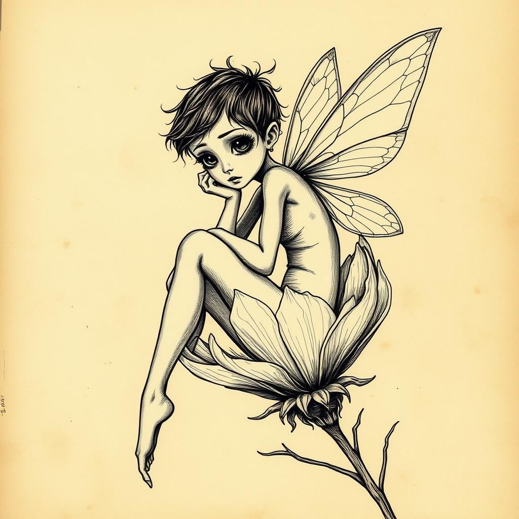 Eerie Fairy Lounging on Flower, Ink Drawing