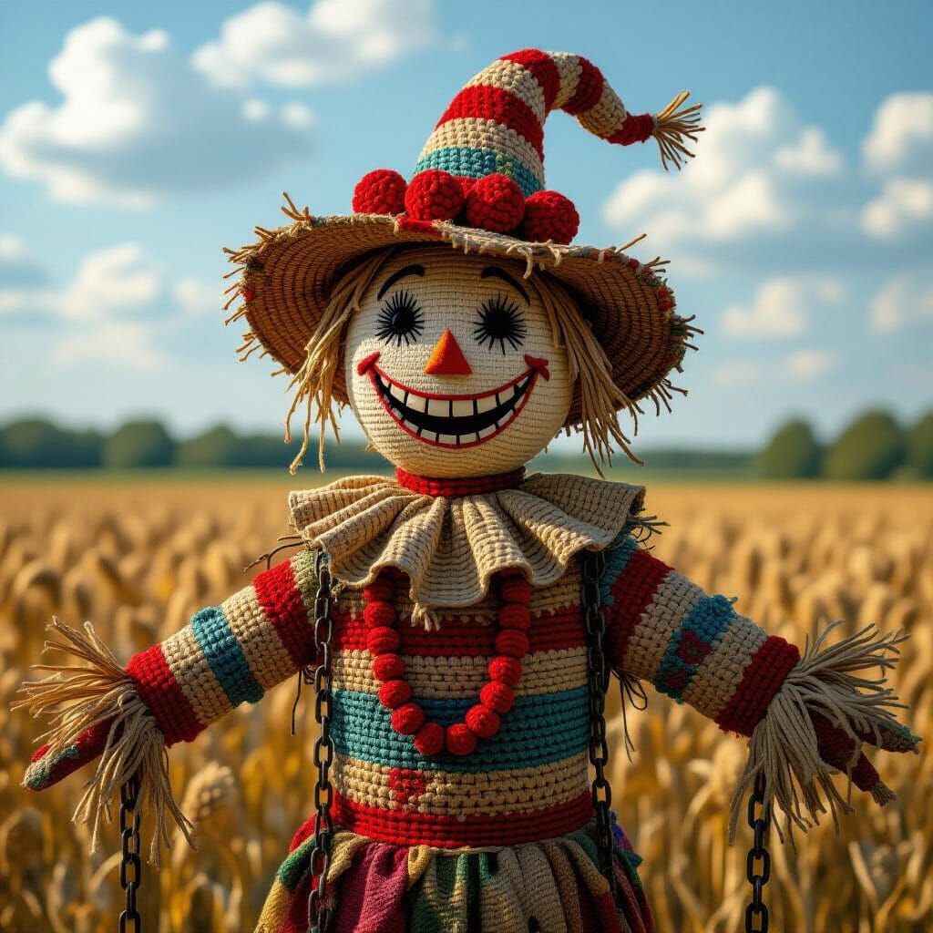 Intricate Scarecrow in Harvested Field: Hyperrealistic Art