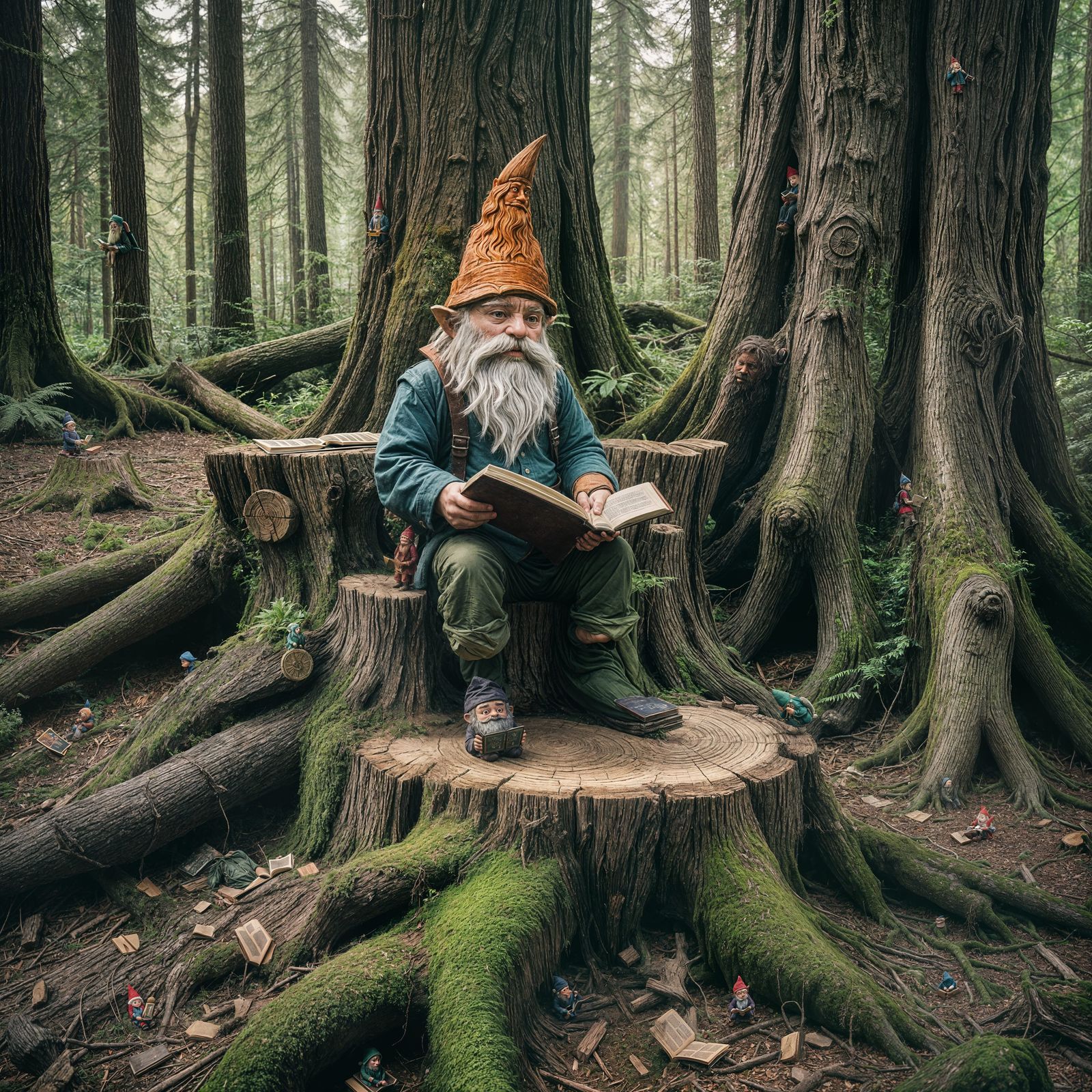Gnome Reading in Forest: Cinematic Film Still