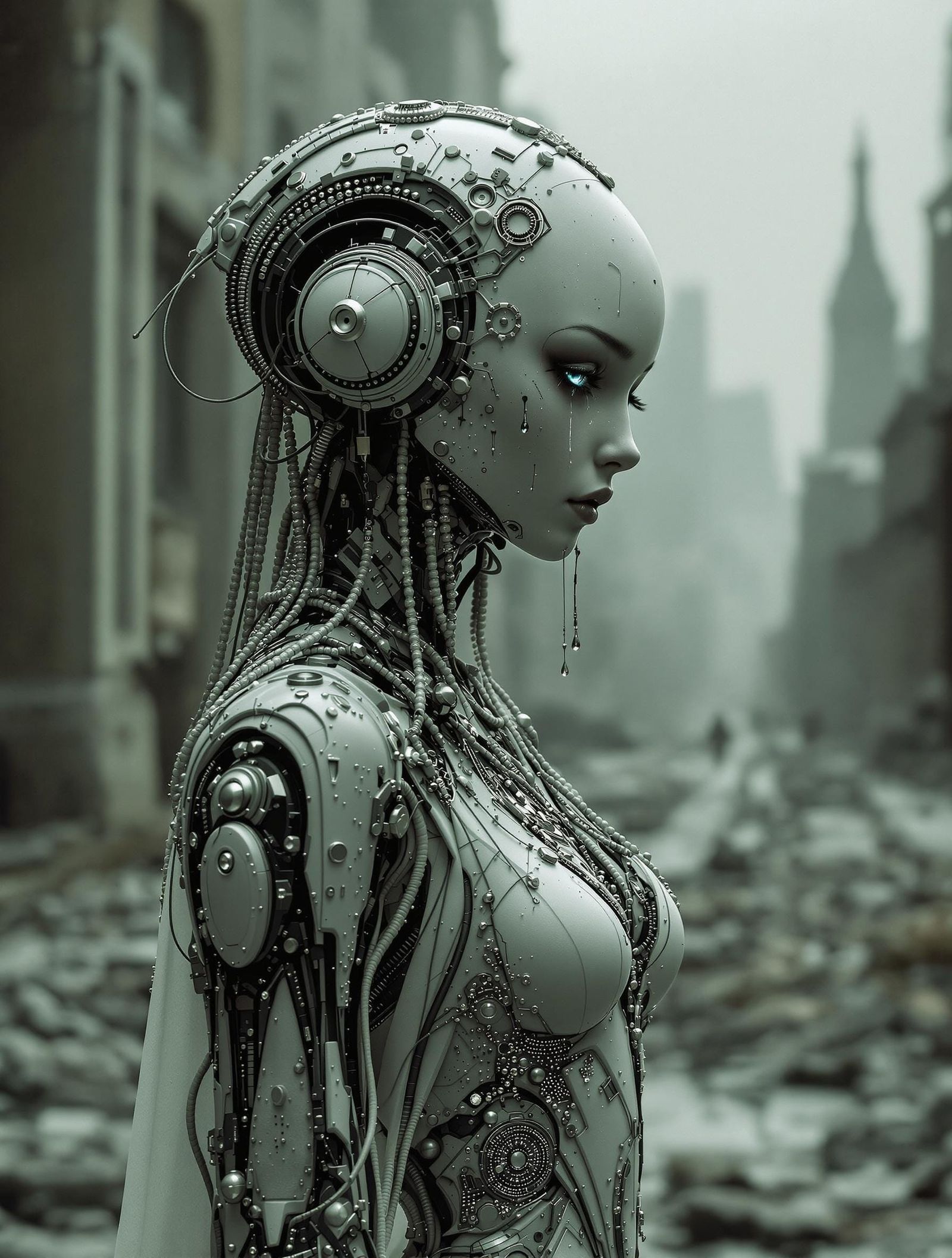 Melancholic Android in Post-Apocalyptic Cityscape