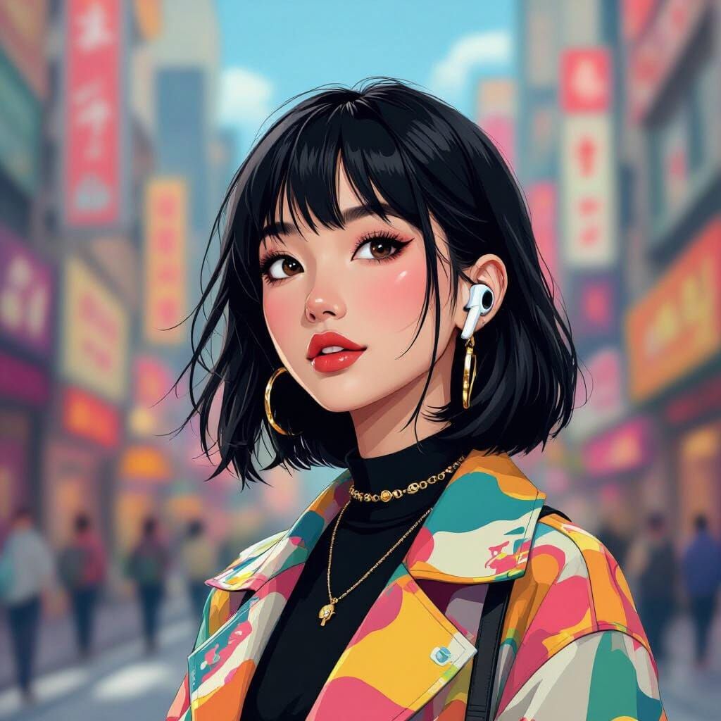 Trendy Asian Girl in City, Digital Art Style